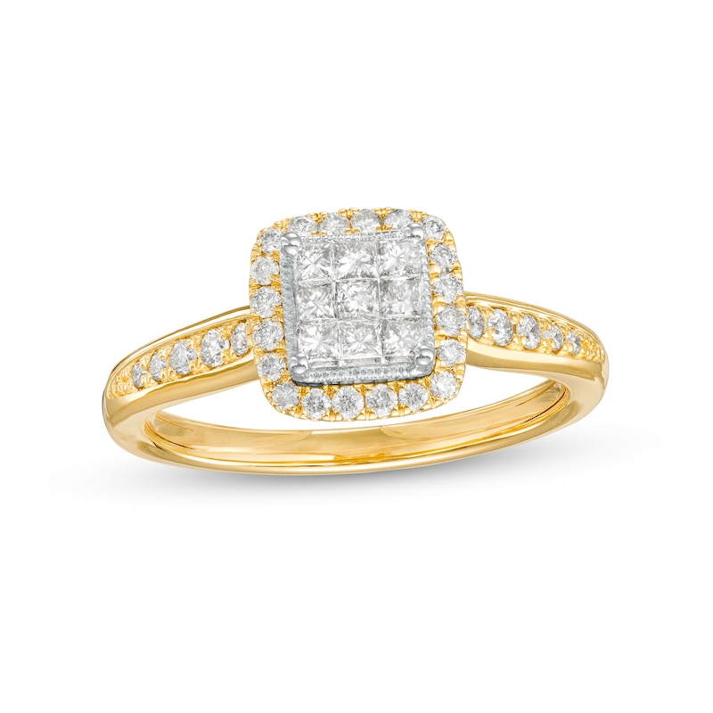 0.50 CT. T.W. Princess-Cut Multi-Diamond Cushion-Shaped Frame Vintage-Style Engagement Ring in 10K Gold|Peoples Jewellers