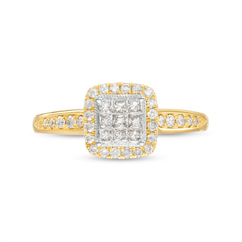0.50 CT. T.W. Princess-Cut Multi-Diamond Cushion-Shaped Frame Vintage-Style Engagement Ring in 10K Gold