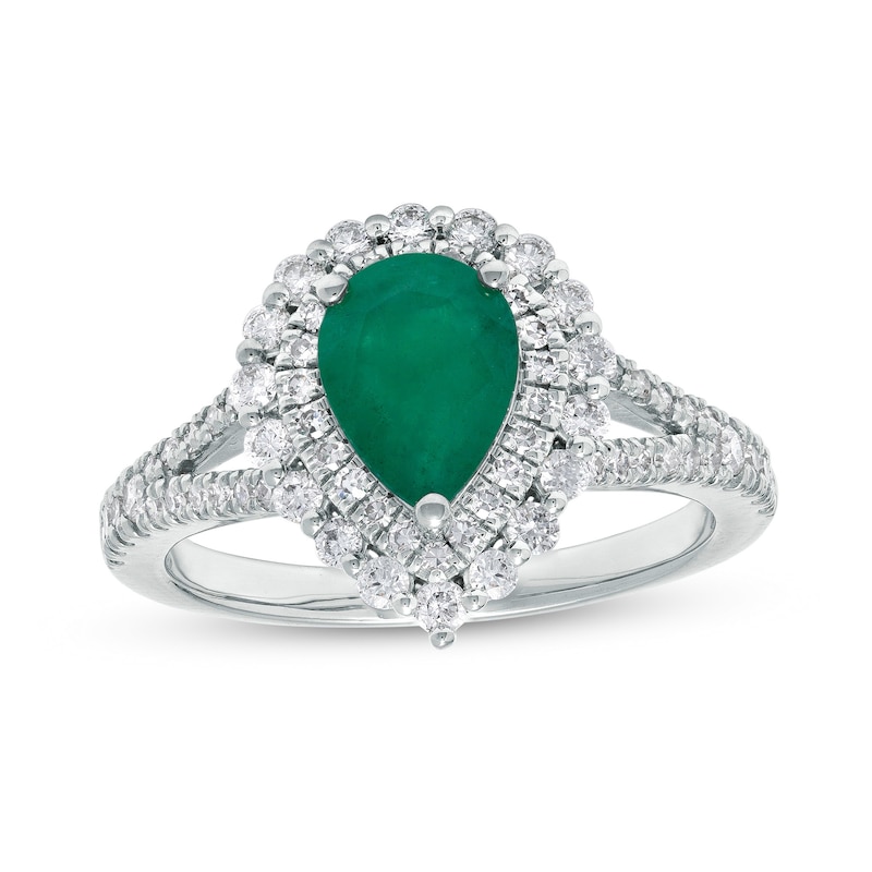 Pear-Shaped Emerald and 0.55 CT. T.W. Diamond Scallop Edge Double Frame Split Shank Ring in 14K White Gold|Peoples Jewellers