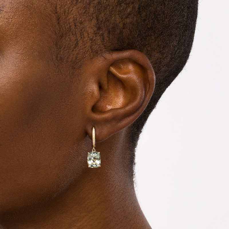 Main Image 2 of EFFY™ Collection Cushion-Cut Green Quartz and 0.05 CT. T.W. Diamond Filigree Side Accent Drop Earrings in 14K Gold