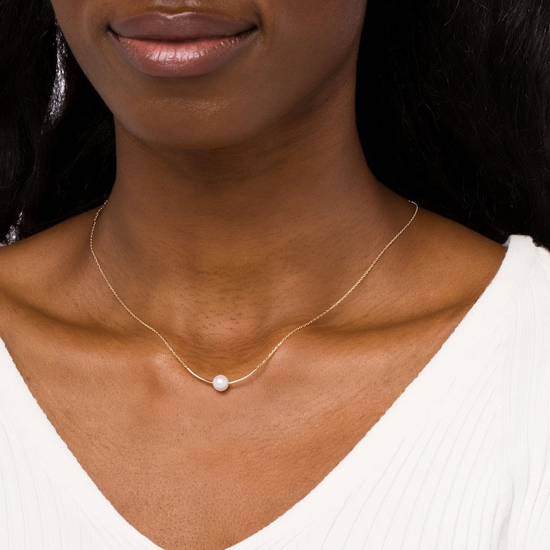 IMPERIAL® 6.5mm Cultured Akoya Pearl Curved Bar Necklace in 14K Gold