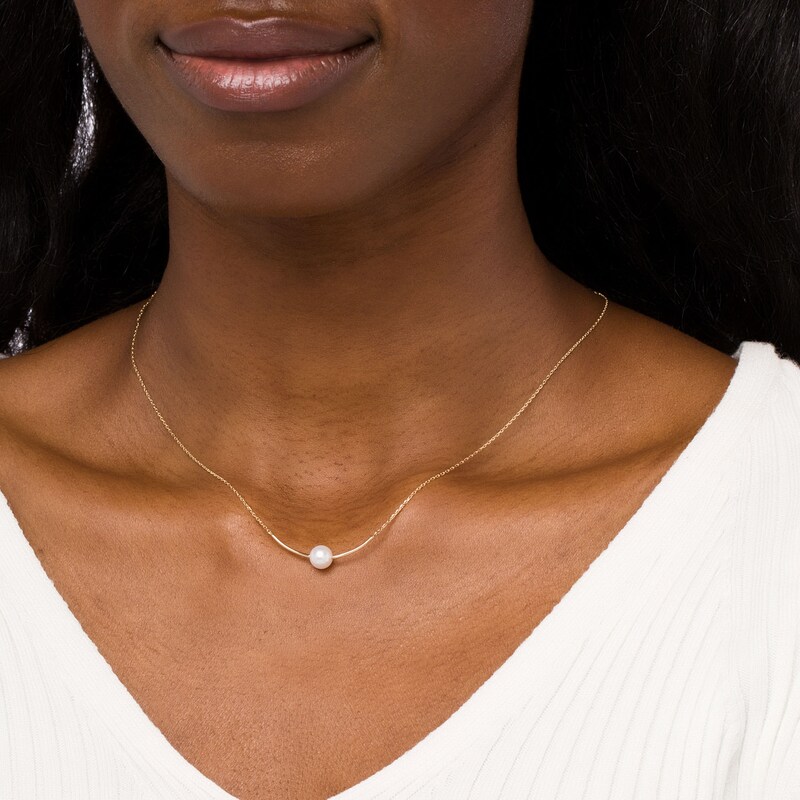 Main Image 2 of IMPERIAL® 6.5mm Akoya Cultured Pearl Curved Bar Necklace in 14K Gold