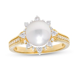 IMPERIAL® 8.0mm Akoya Cultured Pearl and 0.24 CT. T.W. Diamond Frame Sunburst Ring in 14K Gold