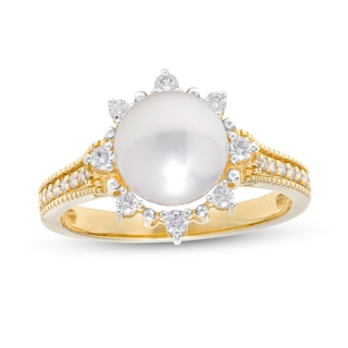 IMPERIAL® 8.0mm Akoya Cultured Pearl and 0.24 CT. T.W. Diamond Frame Sunburst Ring in 14K Gold