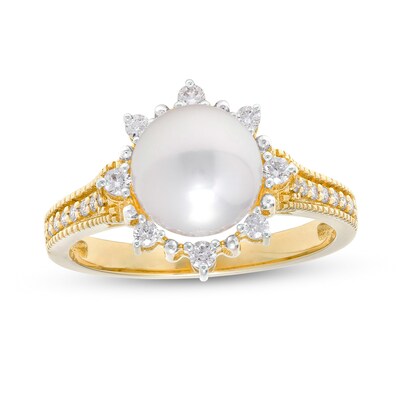 IMPERIAL® 8.0mm Akoya Cultured Pearl and 0.24 CT. T.W. Diamond Frame Sunburst Ring in 14K Gold