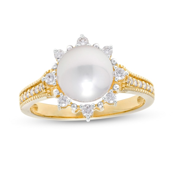 IMPERIAL® 8.0mm Akoya Cultured Pearl and 0.24 CT. T.W. Diamond Frame Sunburst Ring in 14K Gold