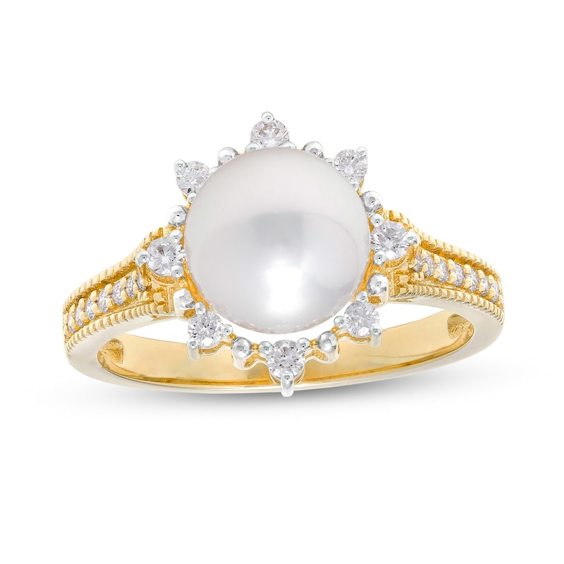 IMPERIAL® 8.0mm Cultured Akoya Pearl and 0.24 CT. T.W. Diamond Frame Sunburst Ring in 14K Gold
