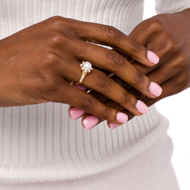 Main Image 2 of IMPERIAL® 8.0mm Akoya Cultured Pearl and 0.24 CT. T.W. Diamond Frame Sunburst Ring in 14K Gold