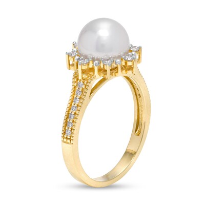 IMPERIAL® 8.0mm Akoya Cultured Pearl and 0.24 CT. T.W. Diamond Frame Sunburst Ring in 14K Gold