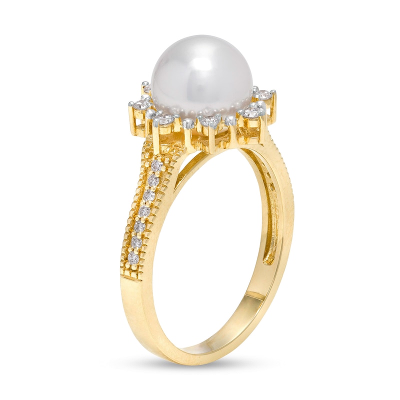 IMPERIAL® 8.0mm Cultured Akoya Pearl and 0.24 CT. T.W. Diamond Frame Sunburst Ring in 14K Gold