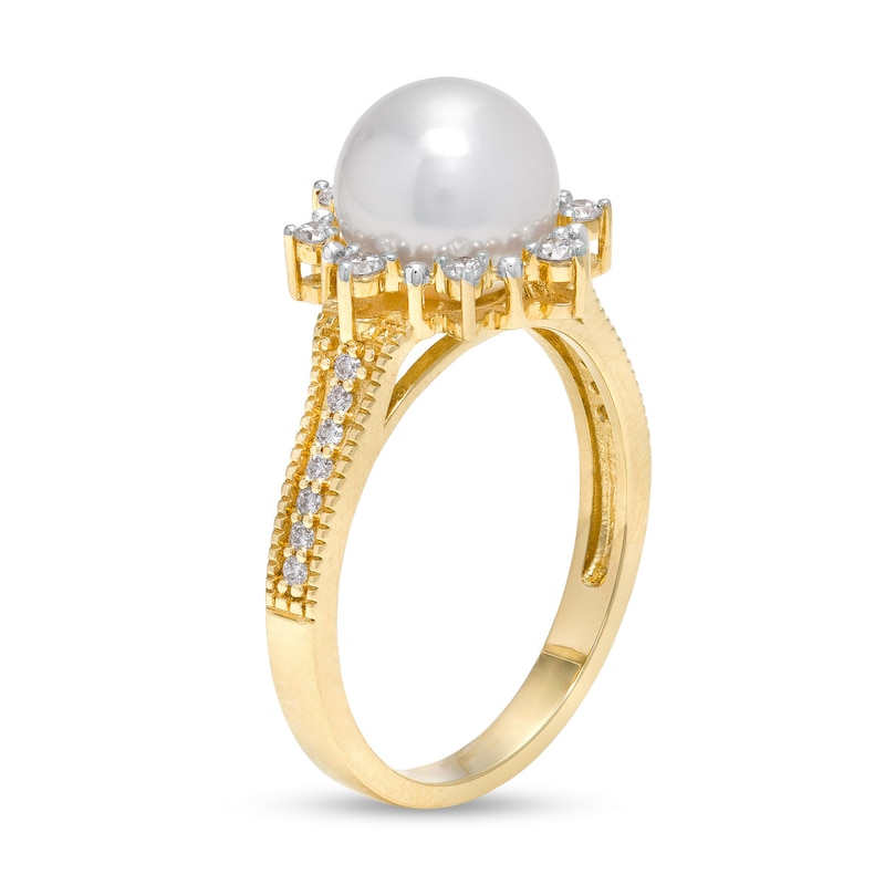 Main Image 3 of IMPERIAL® 8.0mm Akoya Cultured Pearl and 0.24 CT. T.W. Diamond Frame Sunburst Ring in 14K Gold