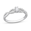 Thumbnail Image 0 of Emerald-Cut White Lab-Created Sapphire and 0.08 CT. T.W. Diamond Twist Split Shank Promise Ring in Sterling Silver