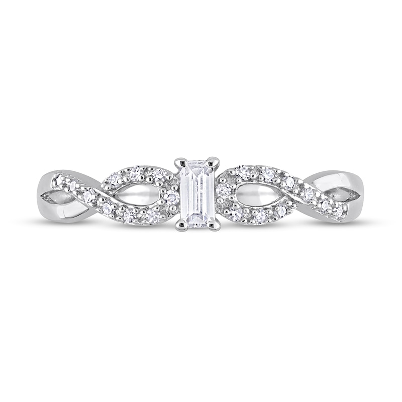 Emerald-Cut White Lab-Created Sapphire and 0.08 CT. T.W. Diamond Twist Split Shank Promise Ring in Sterling Silver