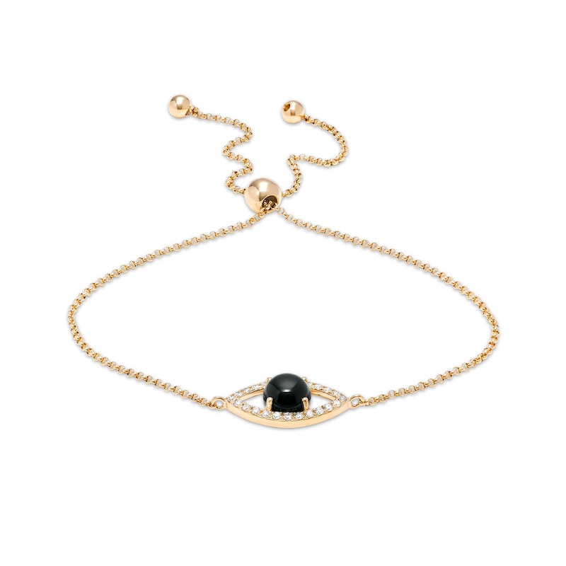 EFFY™ Collection 6.0mm Onyx and 0.15 CT. T.W. Diamond Evil Eye Bolo Bracelet in 14K Gold – 9"|Peoples Jewellers