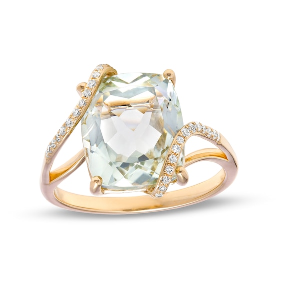 EFFY™ Collection Cushion-Cut Green Quartz and 0.09 CT. T.W. Diamond Swirl Ribbon Overlay Split Shank Ring in 14K Gold