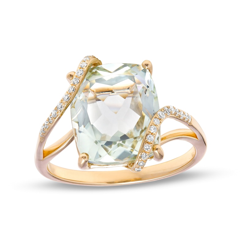 EFFY™ Collection Cushion-Cut Green Quartz and 0.09 CT. T.W. Diamond Swirl Ribbon Overlay Split Shank Ring in 14K Gold|Peoples Jewellers