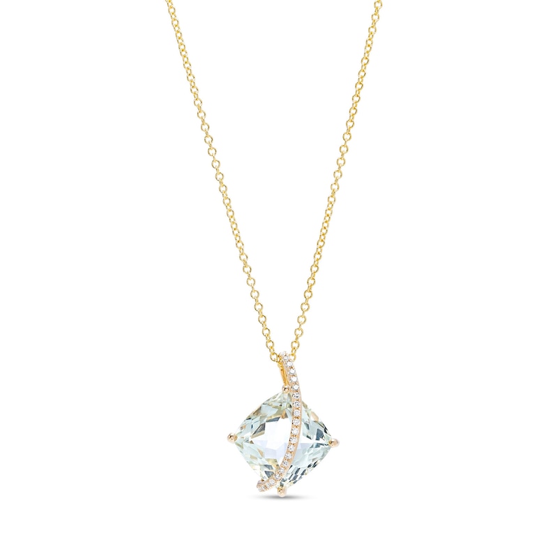 EFFY™ Collection 11.0mm Cushion-Cut Green Quartz and 0.07 CT. T.W. Diamond Swirl Ribbon Overlay Pendant in 14K Gold|Peoples Jewellers