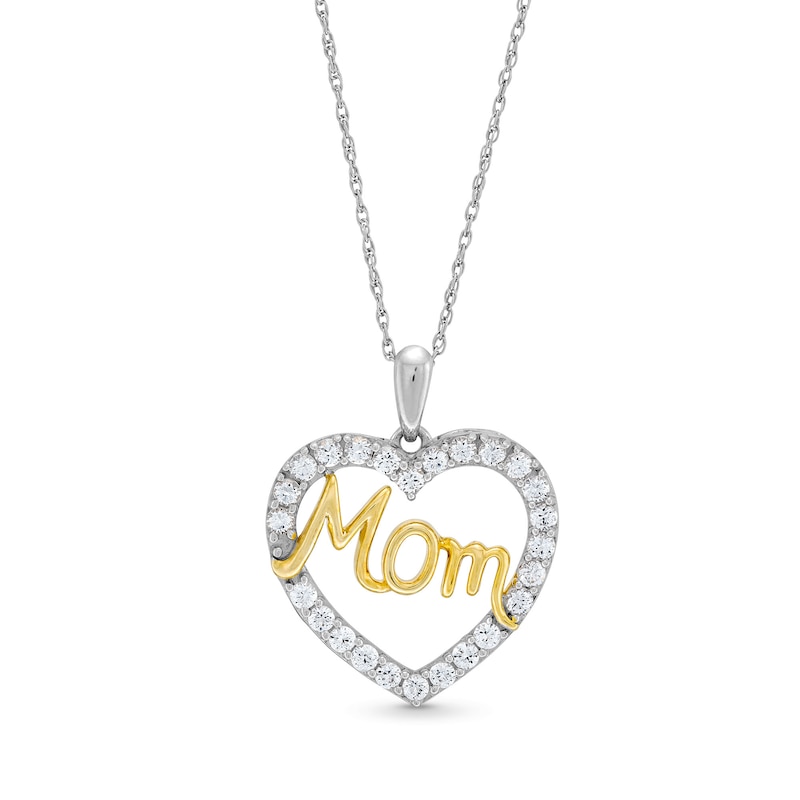 White Lab-Created Sapphire "Mom" Heart Pendant in Sterling Silver and 14K Gold Plate|Peoples Jewellers