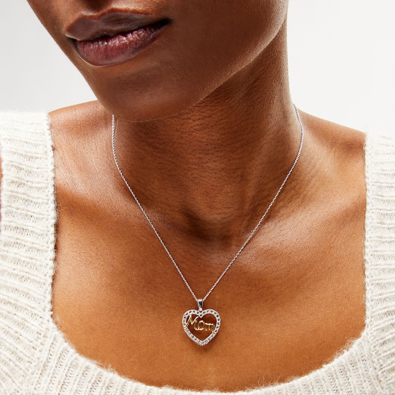 Main Image 2 of White Lab-Created Sapphire "Mom" Heart Pendant in Sterling Silver and 14K Gold Plate