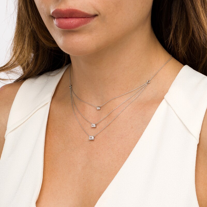 1.00 CT. T.W. Certified Sideways Emerald-Cut Lab-Grown Diamond Triple Strand Necklace in 14K White Gold (F/SI2)