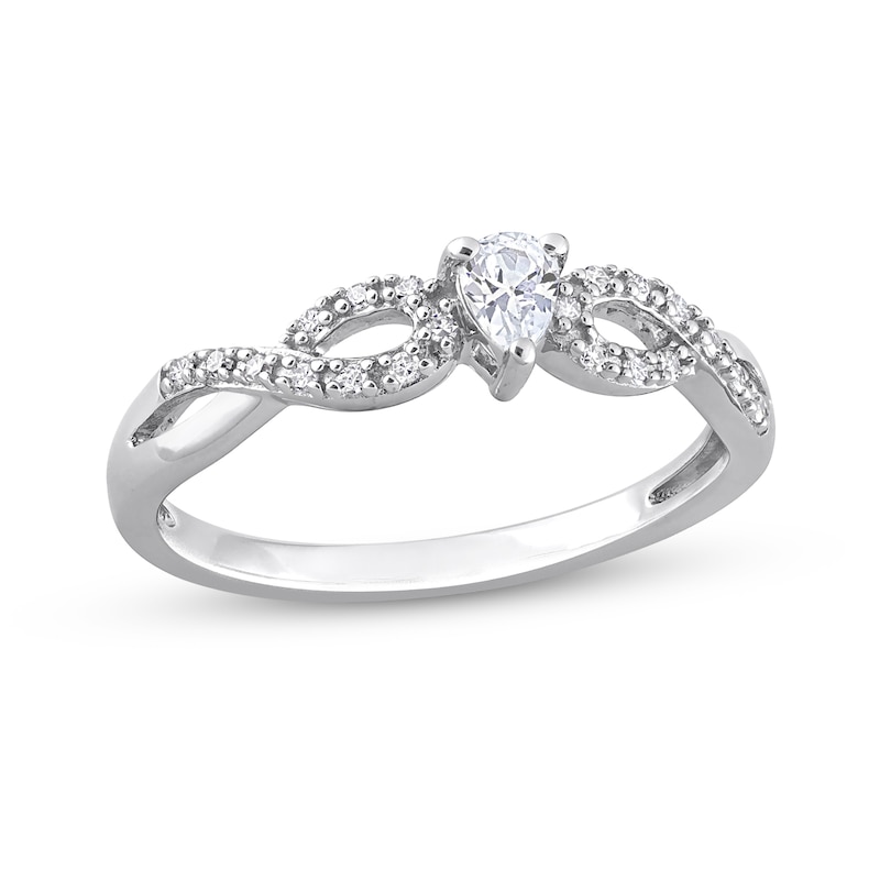 Pear-Shaped White Lab-Created Sapphire and 0.08 CT. T.W. Diamond Twist Split Shank Promise Ring in Sterling Silver