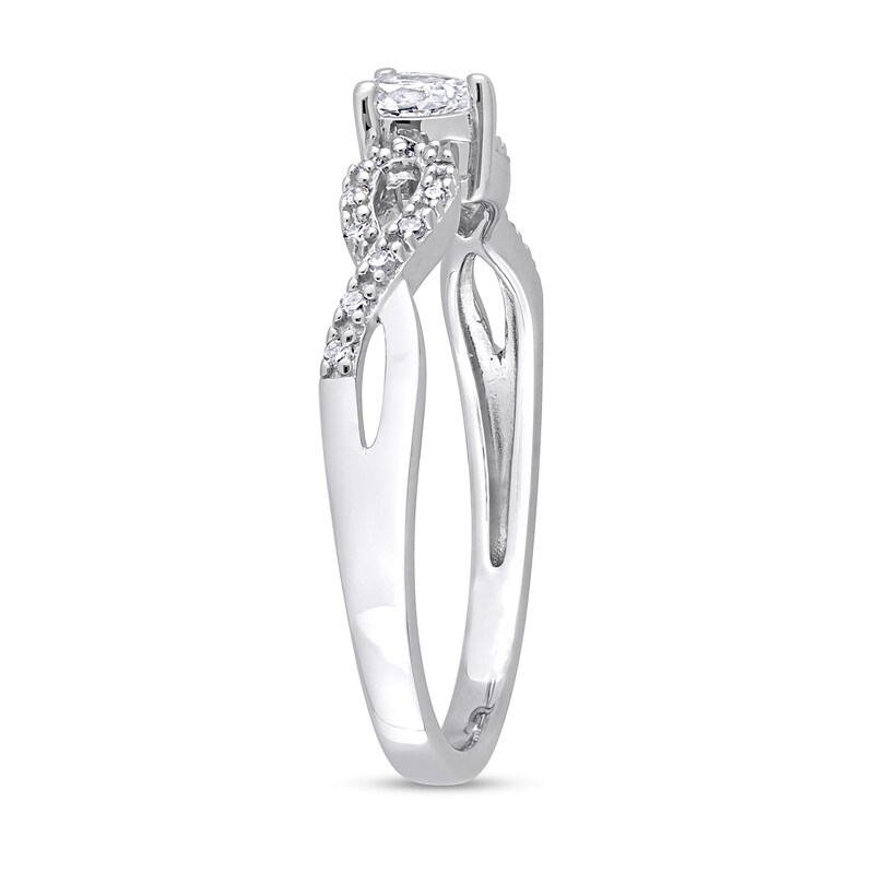 Pear-Shaped White Lab-Created Sapphire and 0.08 CT. T.W. Diamond Twist Split Shank Promise Ring in Sterling Silver
