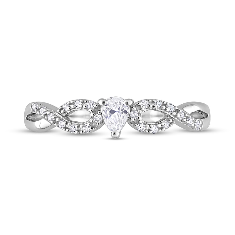 Pear-Shaped White Lab-Created Sapphire and 0.08 CT. T.W. Diamond Twist Split Shank Promise Ring in Sterling Silver