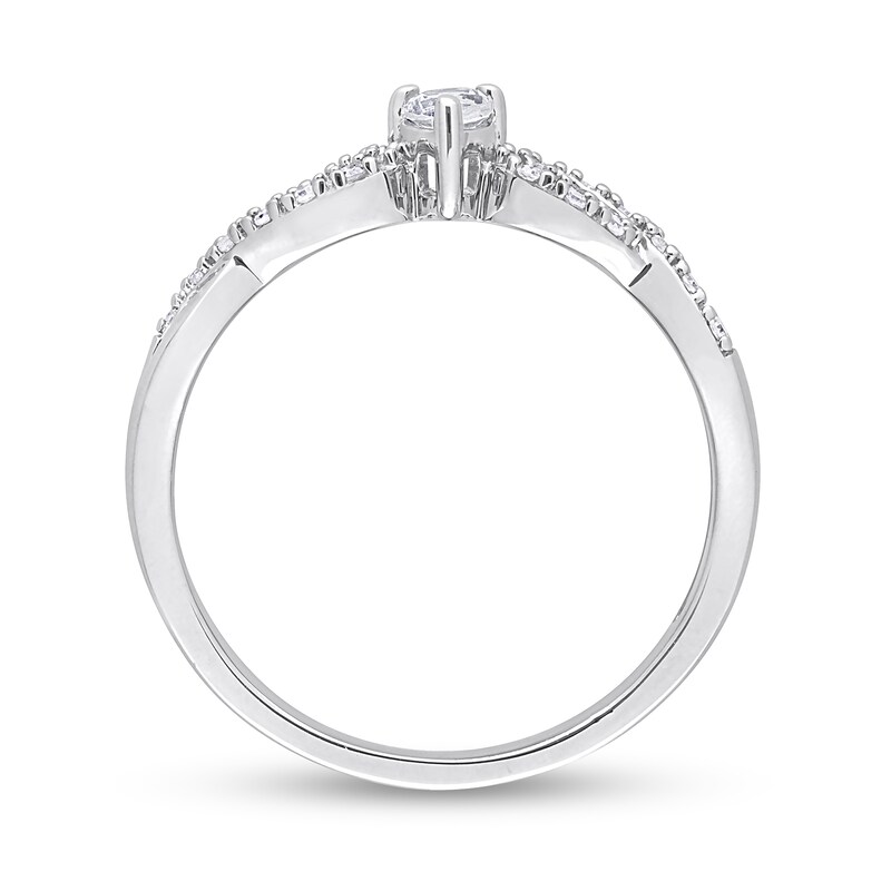 Pear-Shaped White Lab-Created Sapphire and 0.08 CT. T.W. Diamond Twist Split Shank Promise Ring in Sterling Silver