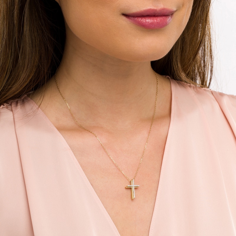 Main Image 2 of 0.10 CT. T.W. Diamond Stacked Cross Pendant in 10K Gold