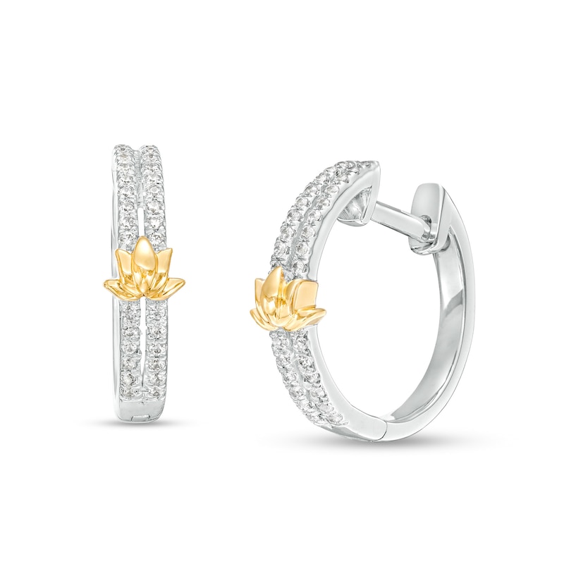 By Women for Women 0.20 CT. T.W. Diamond Lotus Flower Double Row Huggie Hoop Earrings in 10K Two-Tone Gold|Peoples Jewellers