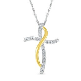 0.12 CT. T.W. Diamond Ribbon Wrapped Curved Cross Pendant in Sterling Silver and 10K Gold