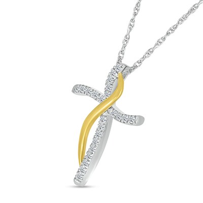 0.12 CT. T.W. Diamond Ribbon Wrapped Curved Cross Pendant in Sterling Silver and 10K Gold