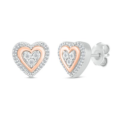 0.10 CT. T.W. Heart-Shaped Multi-Diamond Double Frame Stud Earrings in Sterling Silver and 10K Rose Gold