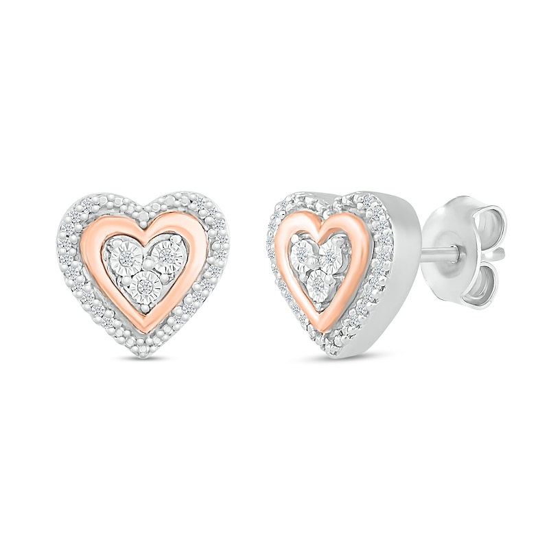 0.10 CT. T.W. Heart-Shaped Multi-Diamond Double Frame Stud Earrings in Sterling Silver and 10K Rose Gold|Peoples Jewellers