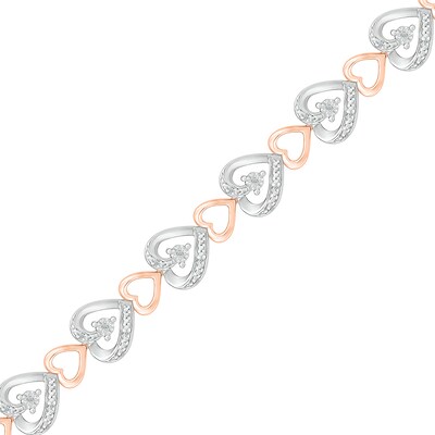 0.09 CT. T.W. Diamond Large and Small Hearts Alternating Line Bracelet in Sterling Silver and 14K Rose Gold Plate – 7.5"