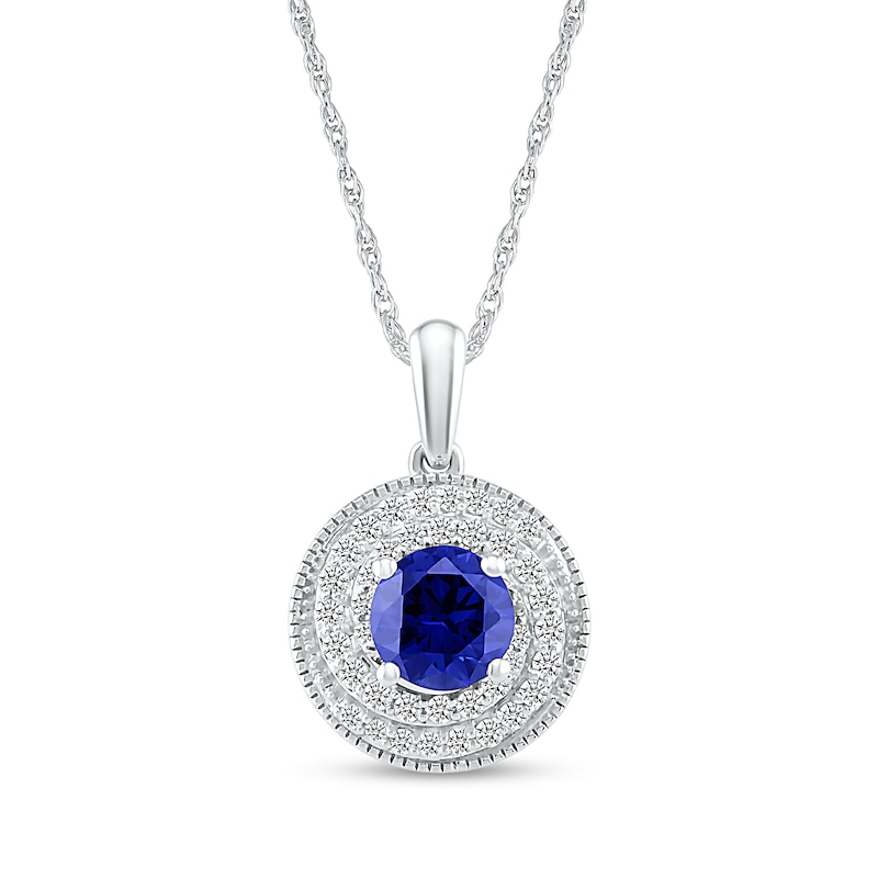 6.0mm Blue and White Lab-Created Sapphire Frame Double Row Spiral Medallion Pendant in Sterling Silver