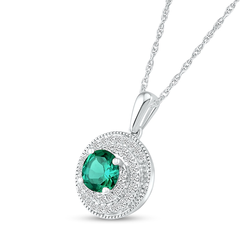 6.0mm Lab-Created Emerald and White Sapphire Frame Double Row Spiral Medallion Pendant in Sterling Silver