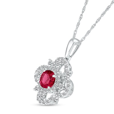 5.0mm Lab-Created Ruby and White Sapphire Ornate Flower Pendant in Sterling Silver