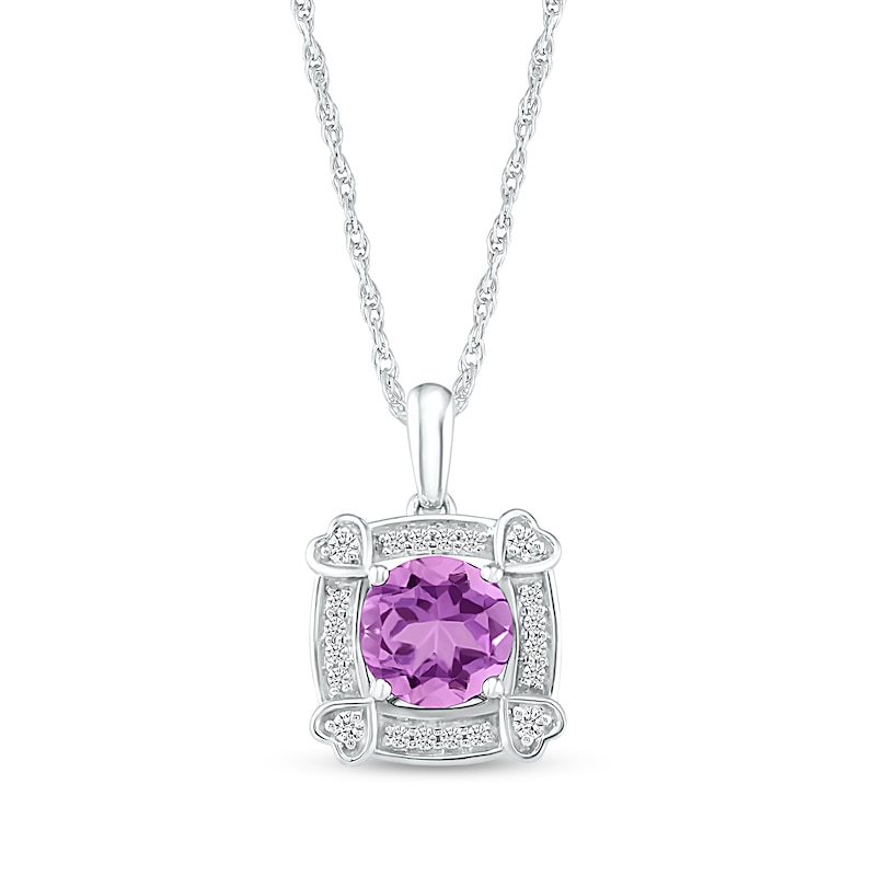 7.0mm Amethyst and White Lab-Created Sapphire Cushion Frame with Hearts Pendant in Sterling Silver|Peoples Jewellers