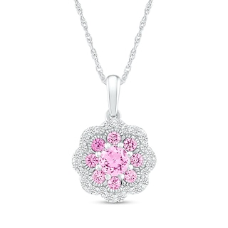 4.0mm Pink and White Lab-Created Sapphire Scallop Edge Flower Pendant in Sterling Silver