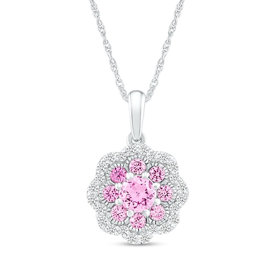 4.0mm Pink and White Lab-Created Sapphire Scallop Edge Flower Pendant in Sterling Silver