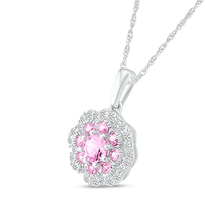 4.0mm Pink and White Lab-Created Sapphire Scallop Edge Flower Pendant in Sterling Silver