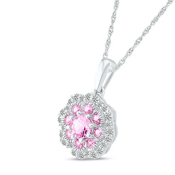 4.0mm Pink and White Lab-Created Sapphire Scallop Edge Flower Pendant in Sterling Silver