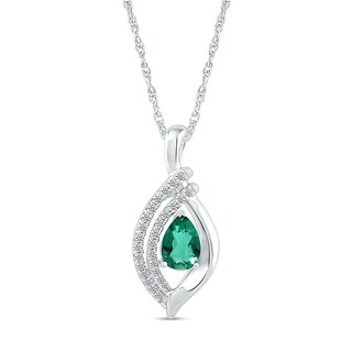 Pear-Shaped Lab-Created Emerald and White Sapphire Double Row Open Flame Pendant in Sterling Silver
