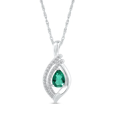 Pear-Shaped Lab-Created Emerald and White Sapphire Double Row Open Flame Pendant in Sterling Silver