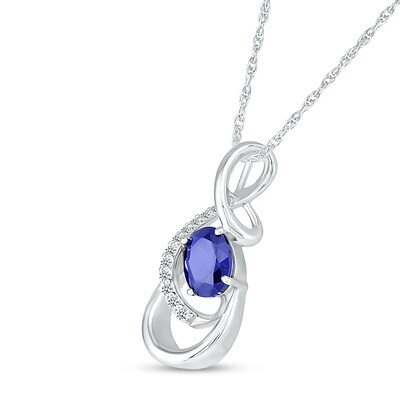 Oval Blue and White Lab-Created Sapphire Infinity Ribbon Overlay Pendant in Sterling Silver