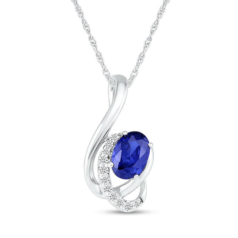 Oval Blue and White Lab-Created Sapphire Ribbon Wrap Pendant in Sterling Silver