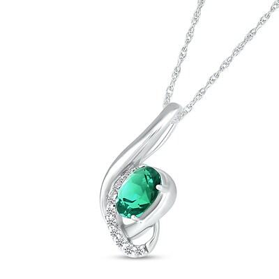 Oval Lab-Created Emerald and White Sapphire Ribbon Wrap Pendant in Sterling Silver