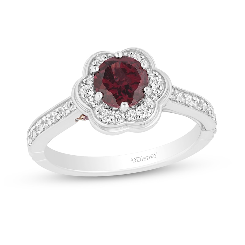 Enchanted Disney Mulan 6.0mm Rhodolite Garnet and 0.29 CT. T.W. Diamond Flower Frame Engagement Ring in 14K White Gold