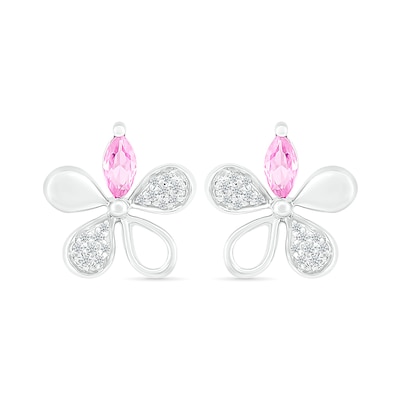 Marquise Pink and White Lab-Created Sapphire Flower Stud Earrings in Sterling Silver